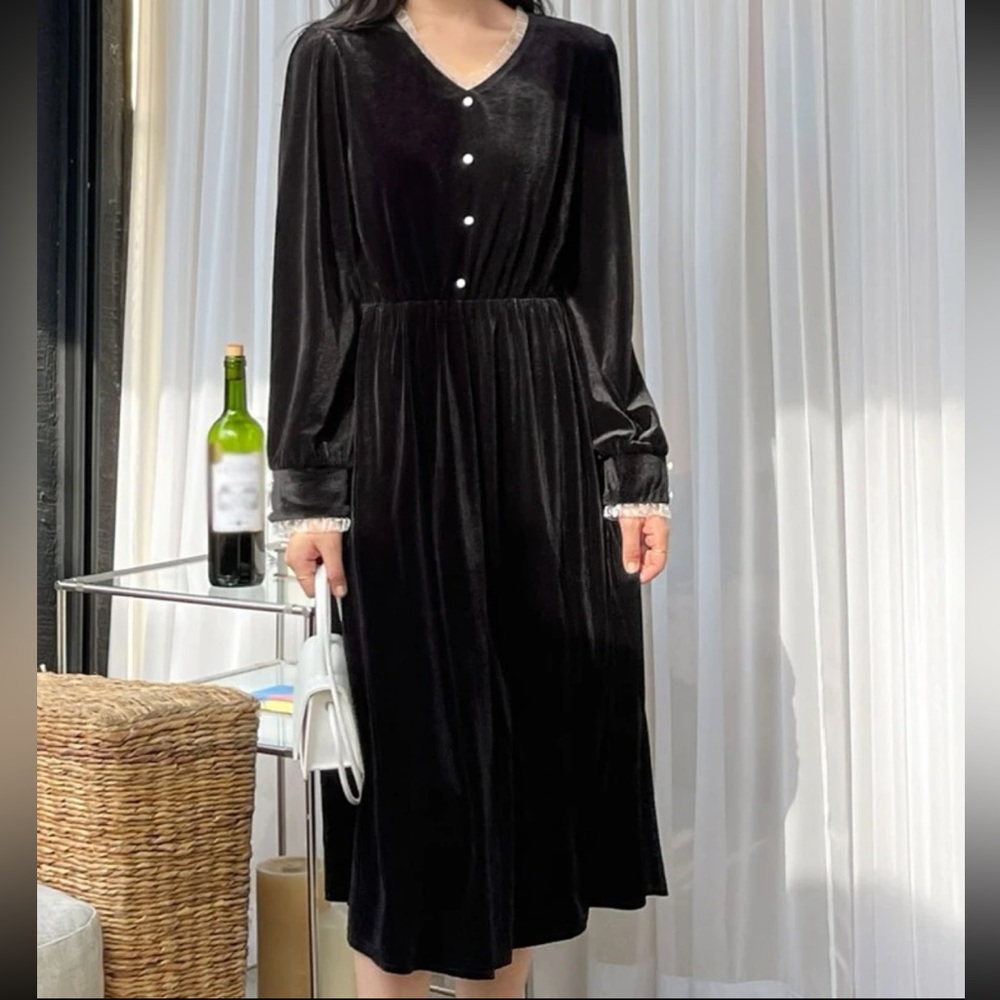 Dazy Frill Trim Half Button Velvet Black dress by Shein